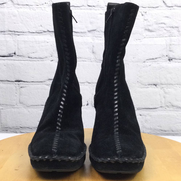 Linea Paolo Women's Suede Square Toe Chunky Heel Black Mid-Calf Pull On Boot 7 - Picture 5 of 16